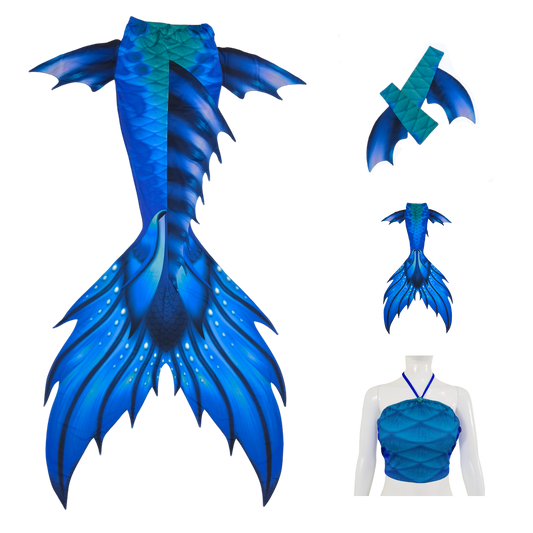 Das Tail Gocce in blau wirbelt elegant durch die Meeresströmung und trägt ein paar Wassertropfen an Land. Mit seinem realistischen 3D-Flossenprint versprüht es einen Hauch von Meereszauber. Große Monoflosse mit Frontflossendruck in 3D-Optik Zackige Rücken- und Seitenflossen Bustier BH 1 Paar Armstulpen Hochwertiger, blickdichter und elastischer Badeanzugstoff, der sowohl aus 75 % Polyester, 25 % Elasthan besteht