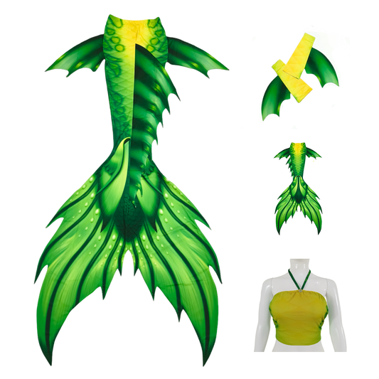 Das Tail Gocce in grün wirbelt elegant durch die Meeresströmung und trägt ein paar Wassertropfen an Land. Mit seinem realistischen 3D-Flossenprint versprüht es einen Hauch von Meereszauber. Große Monoflosse mit Frontflossendruck in 3D-Optik Zackige Rücken- und Seitenflossen Bustier BH 1 Paar Armstulpen Hochwertiger, blickdichter und elastischer Badeanzugstoff, der sowohl aus 75 % Polyester, 25 % Elasthan besteht