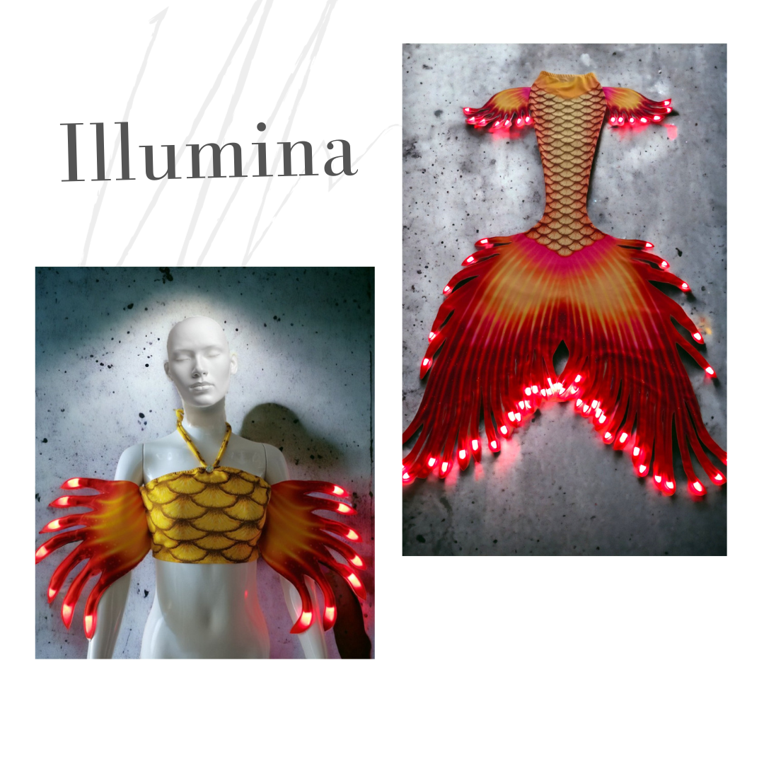 Illumina Fuoco, das tanzende Feuermeer. Du bist wie ein funkelndes Feuer, das in der Tiefe des Meeres schwebt.Illumina Fuoco, das tanzende Feuermeer. Du bist wie ein funkelndes Feuer, das in der Tiefe des Meeres schwebt. Federartig doppelt genähte Monoflossen und Seitenflossen mit LED-Beleuchtung