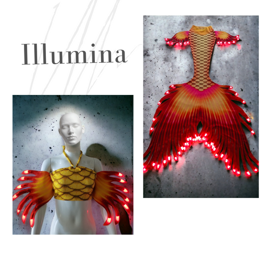Illumina Fuoco, das tanzende Feuermeer. Du bist wie ein funkelndes Feuer, das in der Tiefe des Meeres schwebt.Illumina Fuoco, das tanzende Feuermeer. Du bist wie ein funkelndes Feuer, das in der Tiefe des Meeres schwebt. Federartig doppelt genähte Monoflossen und Seitenflossen mit LED-Beleuchtung