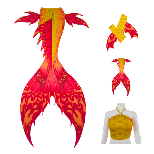 Produktbild Tail Macchie, verwandelt dich und entführt dich in eine Unterwasserwelt mit orientalischen Farben und Formen, in gelb-rot-pink mit Armstulpen und Brustier-BH