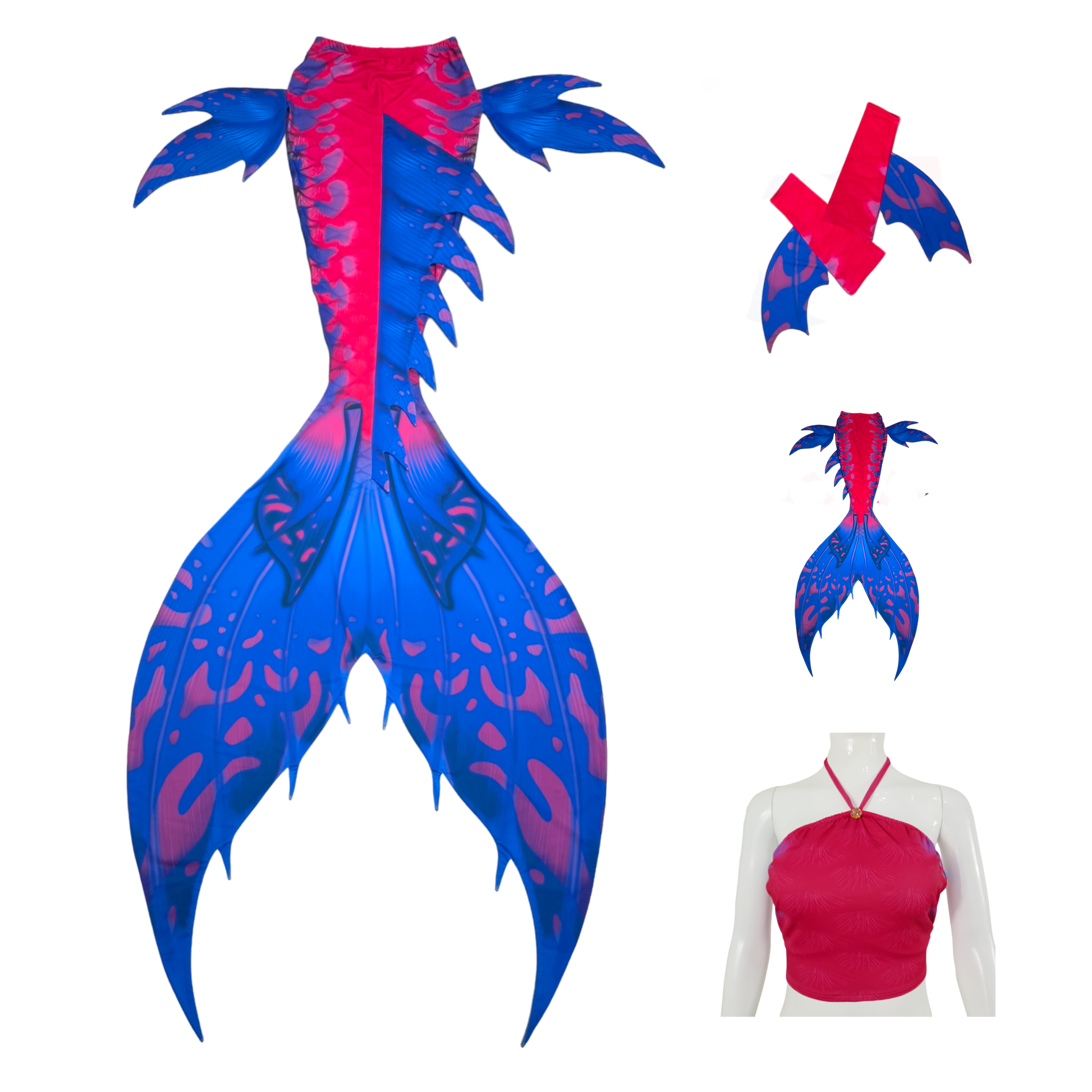 Produktbild Tail Macchie, verwandelt dich und entführt dich in eine Unterwasserwelt mit orientalischen Farben und Formen, in Pinkrot-Blau mit Armstulpen und Brustier-BH