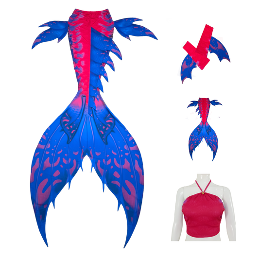 Produktbild Tail Macchie, verwandelt dich und entführt dich in eine Unterwasserwelt mit orientalischen Farben und Formen, in Pinkrot-Blau mit Armstulpen und Brustier-BH