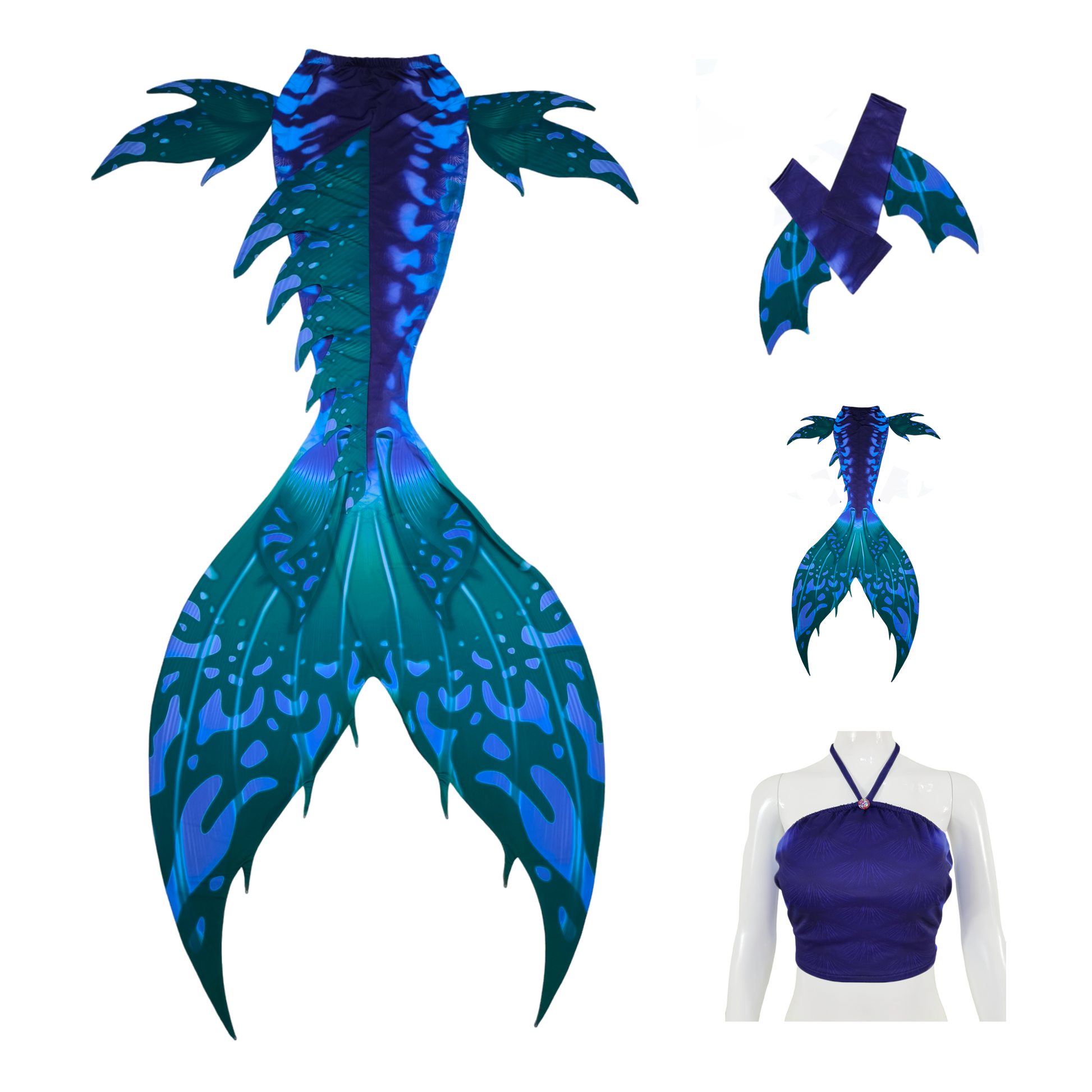 Produktbild Tail Macchie, verwandelt dich und entführt dich in eine Unterwasserwelt mit orientalischen Farben und Formen, in Blaulila-Grünblau mit Armstulpen und Brustier-BH