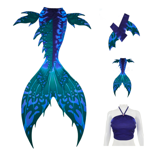 Produktbild Tail Macchie, verwandelt dich und entführt dich in eine Unterwasserwelt mit orientalischen Farben und Formen, in Blaulila-Grünblau mit Armstulpen und Brustier-BH
