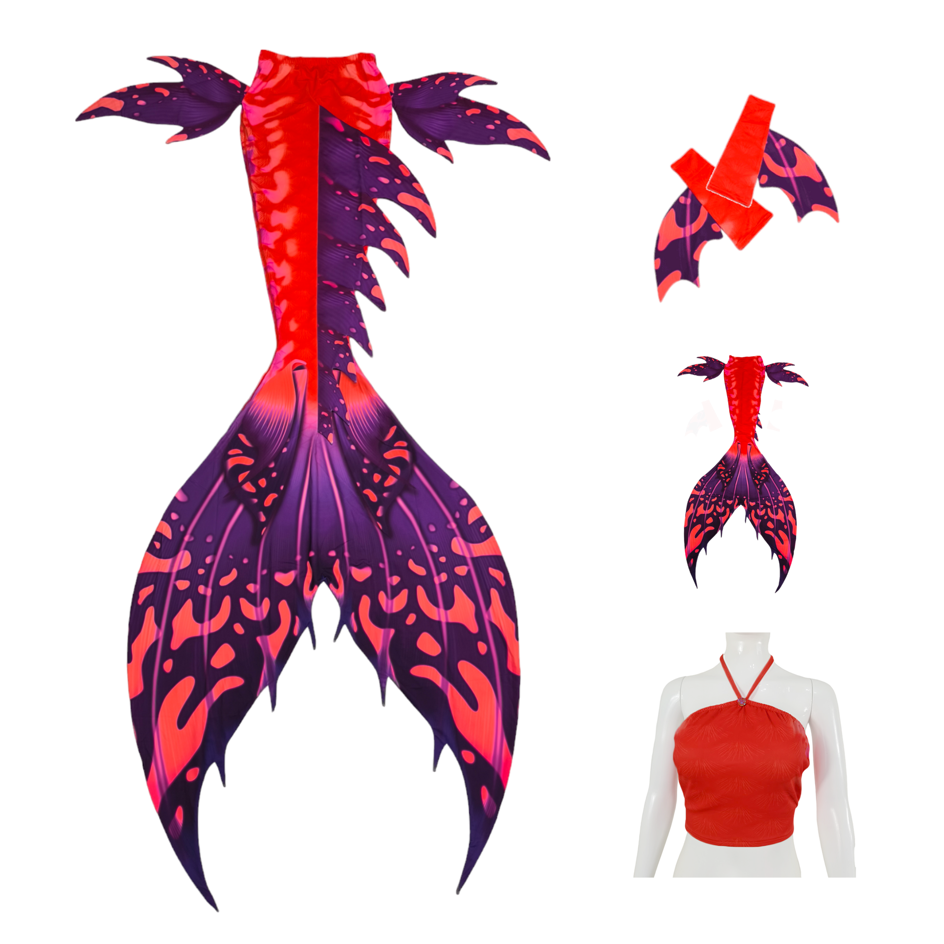Produktbild Tail Macchie, verwandelt dich und entführt dich in eine Unterwasserwelt mit orientalischen Farben und Formen, in Pink-Lila mit Armstulpen und Brustier-BH