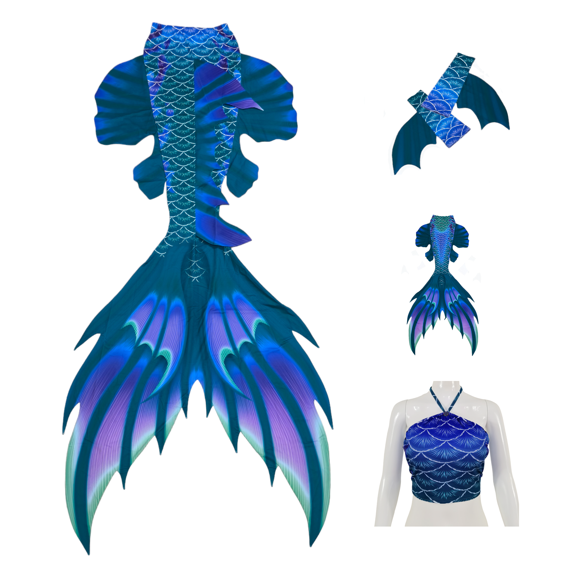 Produktbild Tail Scorreva, inBlau-Lila-Grün mit Armstulpen und Brustier-BH.Scorreva begeistert mit leuchtenden Farben und geradlinigen Mustern.