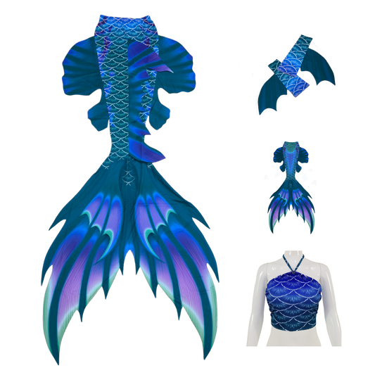 Produktbild Tail Scorreva, inBlau-Lila-Grün mit Armstulpen und Brustier-BH.Scorreva begeistert mit leuchtenden Farben und geradlinigen Mustern.