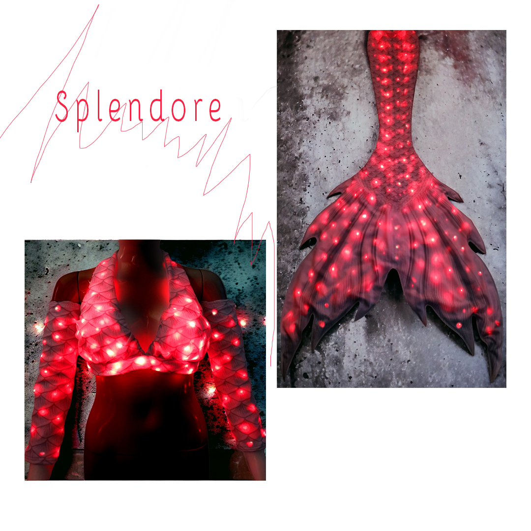 Splendore lässt das Wasser leuchten.  Splendore verleiht dem Wasser einen strahlenden Glanz. Dieses Tail ist wasserdicht und mit LED-Draht-Technologie ausgestattet, die speziell für den Unterwassereinsatz entwickelt wurde. Durch die batteriebetriebene LED-Draht-Technologie ist ein beeindruckender Auftritt über und unter Wasser garantiert.