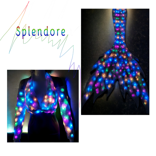 Splendore bunt lässt das Wasser leuchten.  Splendore verleiht dem Wasser einen strahlenden Glanz. Dieses Tail ist wasserdicht und mit LED-Draht-Technologie ausgestattet, die speziell für den Unterwassereinsatz entwickelt wurde. Durch die batteriebetriebene LED-Draht-Technologie ist ein beeindruckender Auftritt über und unter Wasser garantiert.