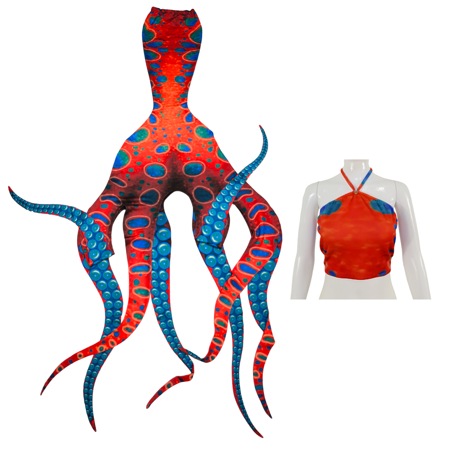Tenta  rot Blau grün ist einfach mystisch. Das Oktopus-Tail bringt die Magie des Meeres an die Oberfläche. Mit seinen lebendig wirkenden Tentakeln und den schillernden Farben ist es ein absoluter Hingucker und lässt die Faszination der Unterwasserwelt spürbar werden.