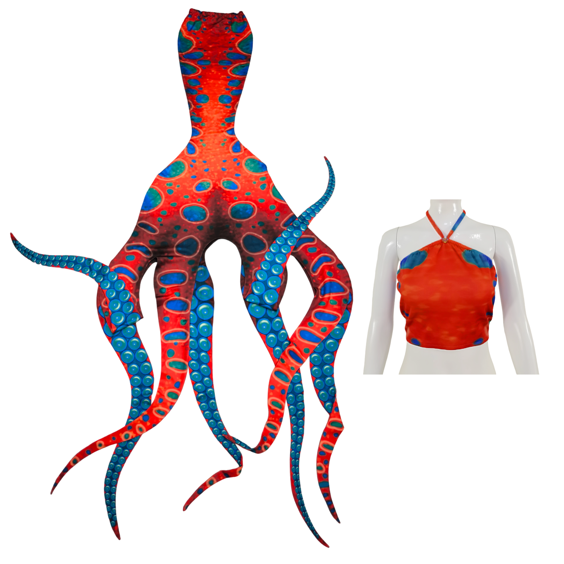 Tenta  rot Blau grün ist einfach mystisch. Das Oktopus-Tail bringt die Magie des Meeres an die Oberfläche. Mit seinen lebendig wirkenden Tentakeln und den schillernden Farben ist es ein absoluter Hingucker und lässt die Faszination der Unterwasserwelt spürbar werden.