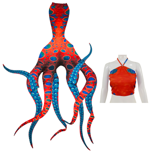 Tenta  rot Blau grün ist einfach mystisch. Das Oktopus-Tail bringt die Magie des Meeres an die Oberfläche. Mit seinen lebendig wirkenden Tentakeln und den schillernden Farben ist es ein absoluter Hingucker und lässt die Faszination der Unterwasserwelt spürbar werden.
