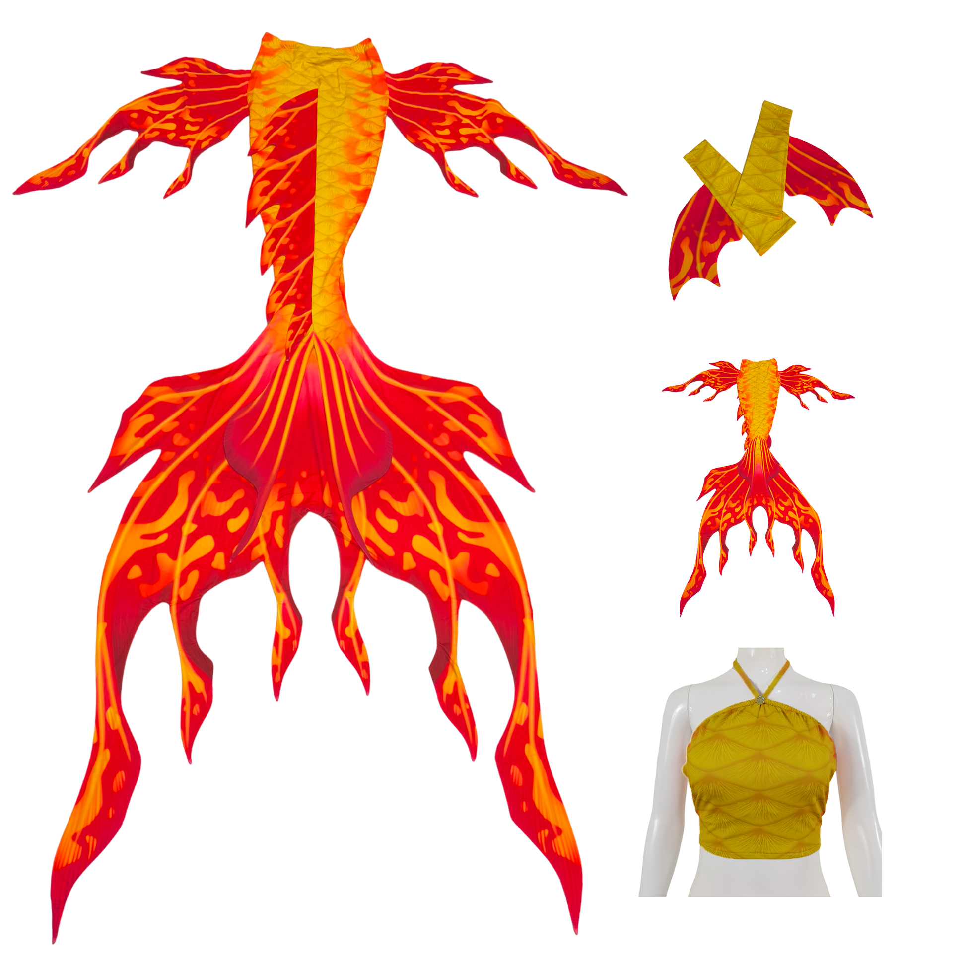 Velo Tail,Armstulpen und Bustier BH in Design Orangerot-Gelb.Velo ist wie dein eigener Meereszauberer, der dich anmutig durch das Wasser gleiten lässt. Mit seinen eleganten Seitenflossen und dem majestätischen Monoflosse tanzt es durch die Wellen. Lass dich von Velos Anmut verzaubern.