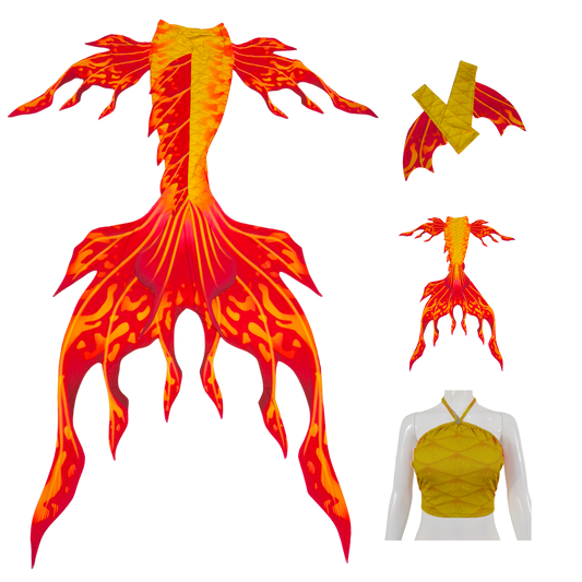 Velo Tail,Armstulpen und Bustier BH in Design Orangerot-Gelb.Velo ist wie dein eigener Meereszauberer, der dich anmutig durch das Wasser gleiten lässt. Mit seinen eleganten Seitenflossen und dem majestätischen Monoflosse tanzt es durch die Wellen. Lass dich von Velos Anmut verzaubern.