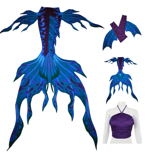 Velo Tail,Armstulpen und Bustier BH in Design Blau-Blaugrün .Velo ist wie dein eigener Meereszauberer, der dich anmutig durch das Wasser gleiten lässt. Mit seinen eleganten Seitenflossen und dem majestätischen Monoflosse tanzt es durch die Wellen. Lass dich von Velos Anmut verzaubern.