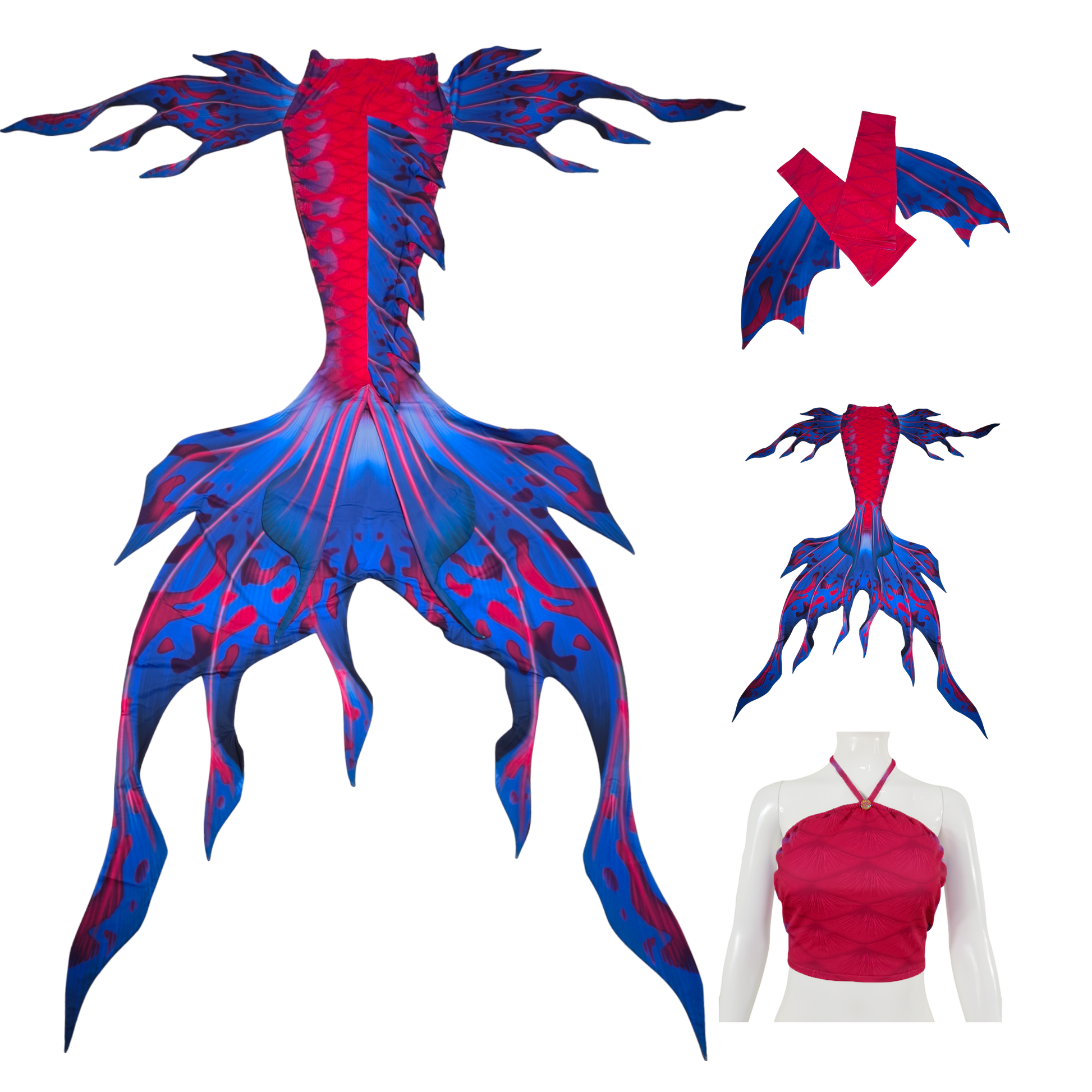 Velo Tail,Armstulpen und Bustier BH in Design Lilapink-Blau.Velo ist wie dein eigener Meereszauberer, der dich anmutig durch das Wasser gleiten lässt. Mit seinen eleganten Seitenflossen und dem majestätischen Monoflosse tanzt es durch die Wellen. Lass dich von Velos Anmut verzaubern.