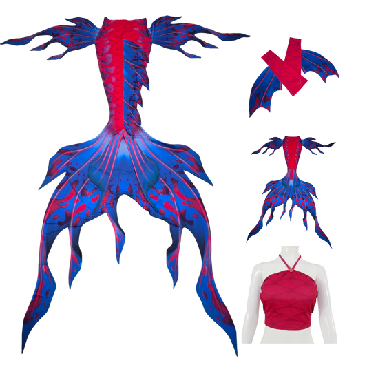 Velo Tail,Armstulpen und Bustier BH in Design Lilapink-Blau.Velo ist wie dein eigener Meereszauberer, der dich anmutig durch das Wasser gleiten lässt. Mit seinen eleganten Seitenflossen und dem majestätischen Monoflosse tanzt es durch die Wellen. Lass dich von Velos Anmut verzaubern.