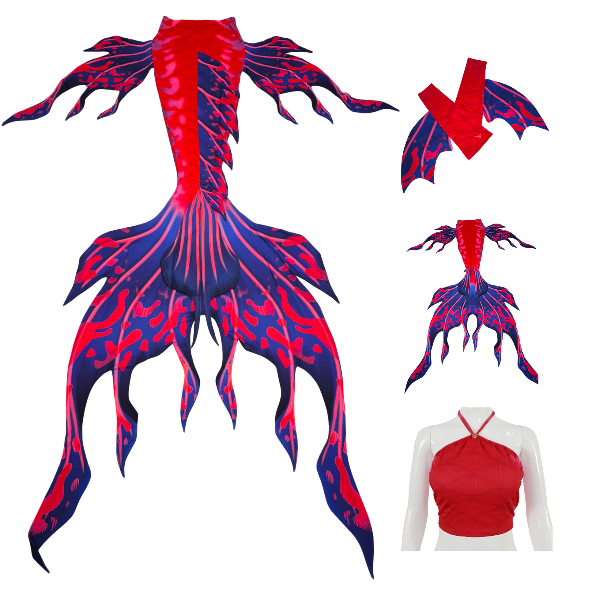 Velo Tail,Armstulpen und Bustier BH in Design Pink-Lilablau.Velo ist wie dein eigener Meereszauberer, der dich anmutig durch das Wasser gleiten lässt. Mit seinen eleganten Seitenflossen und dem majestätischen Monoflosse tanzt es durch die Wellen. Lass dich von Velos Anmut verzaubern.