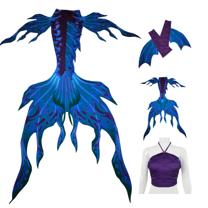 Velo Tail,Armstulpen und Bustier BH in Design Blau-Blaugrün .Velo ist wie dein eigener Meereszauberer, der dich anmutig durch das Wasser gleiten lässt. Mit seinen eleganten Seitenflossen und dem majestätischen Monoflosse tanzt es durch die Wellen. Lass dich von Velos Anmut verzaubern.